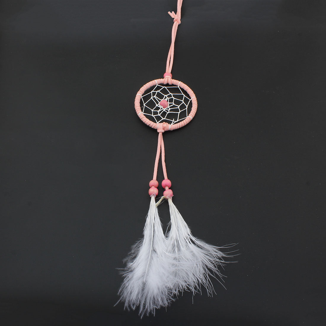 Fashion Dream Catcher with Leather Cord - White Feathers, Wood Beads -Two Tone - Pink White - 6.5cm x 35cm