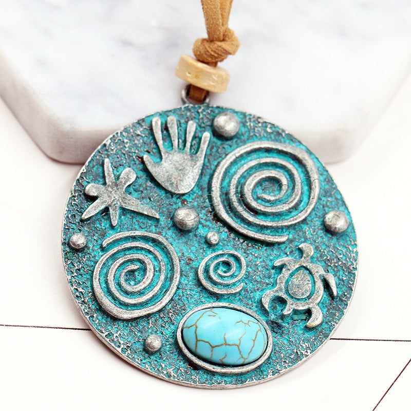 Antiqued Bronzed Tribal Pendant with Syn Turquoise on Brown Velvet cord Necklace - 50x55mm Length 35 Inch - NEW322