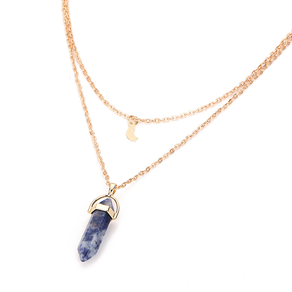 Sodalite Navy Blue Natural Stone Pendant 30mm on Moon Necklace Double layer chain - NEW222