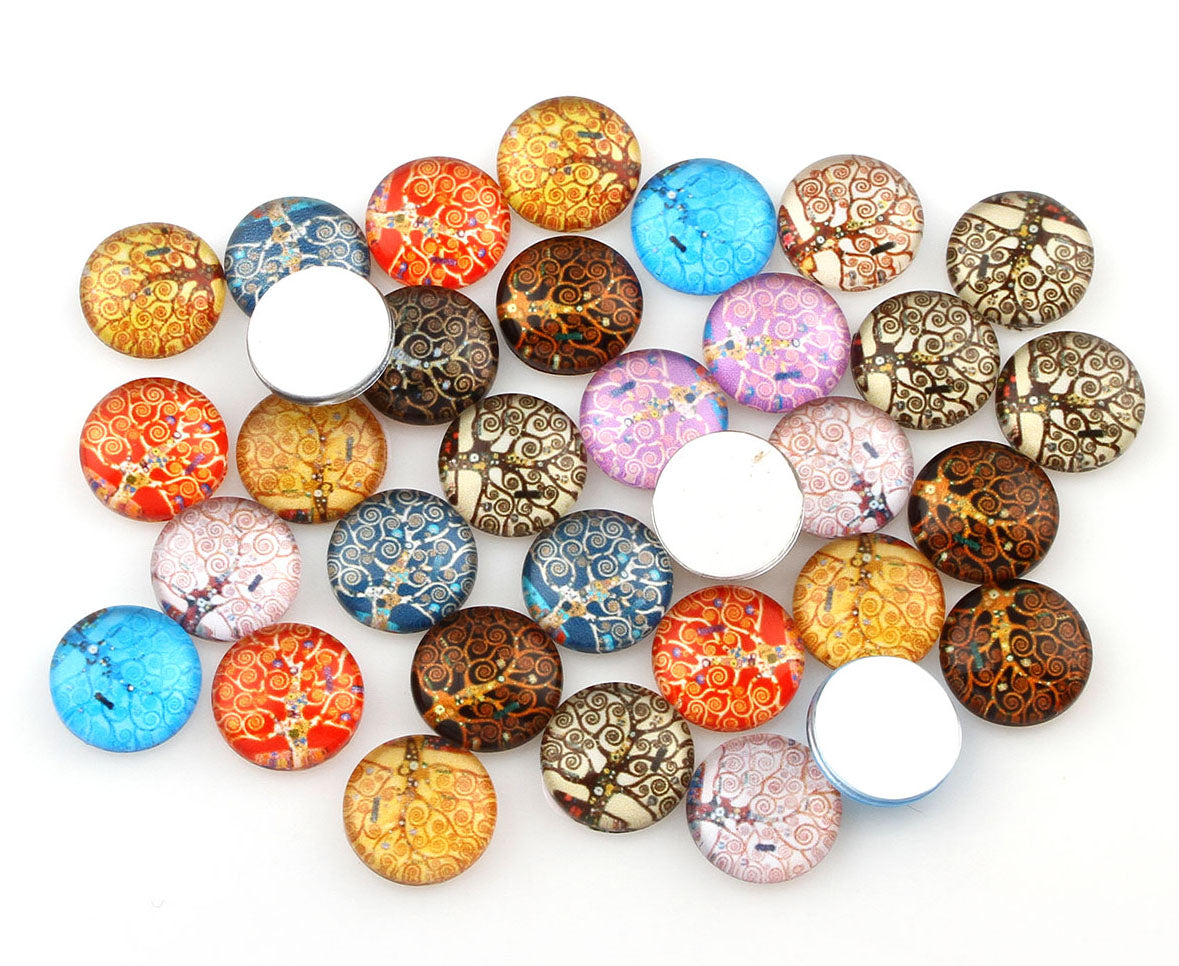 Time Gem Glass Cabochon Flat Round - Tree of Life - Mixed Colors - 6 mm