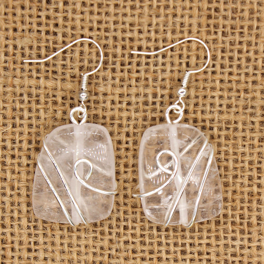 Clear Quartz Earrings - Silver Color Plated Brass- Size 25x20mm - NEW222