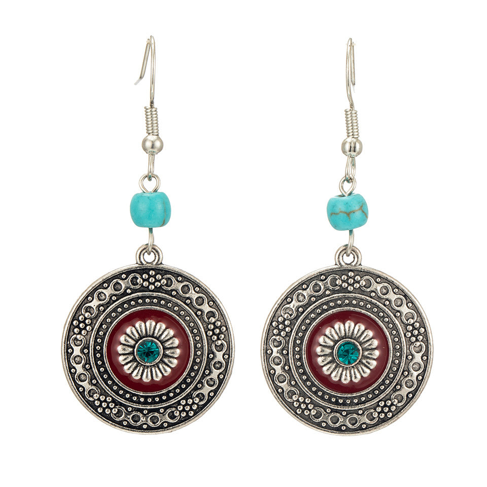 Round Turquoise Earring with Turquoise - Silver Plated Vintage Style Size:55x25mm