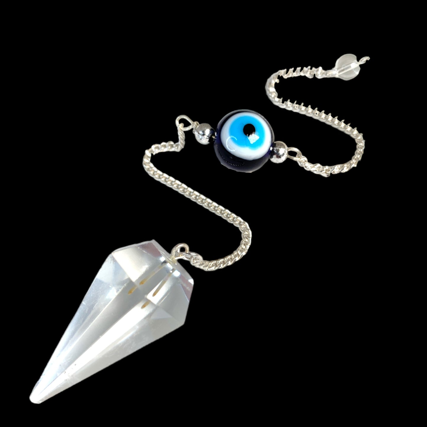Clear Quartz - 45mm - Faceted Pendulum With Silver Evil Eye Chain - NEW323