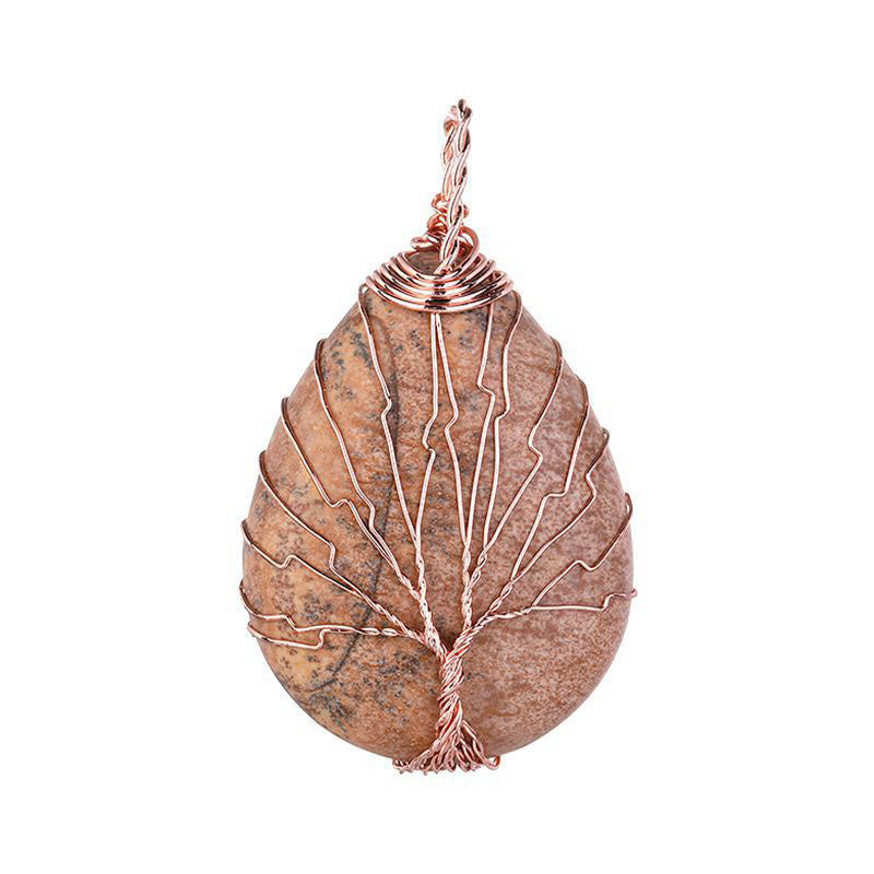 Picture Jasper Tree of Life Pendant - Teardrop - Rose Gold Color Plated