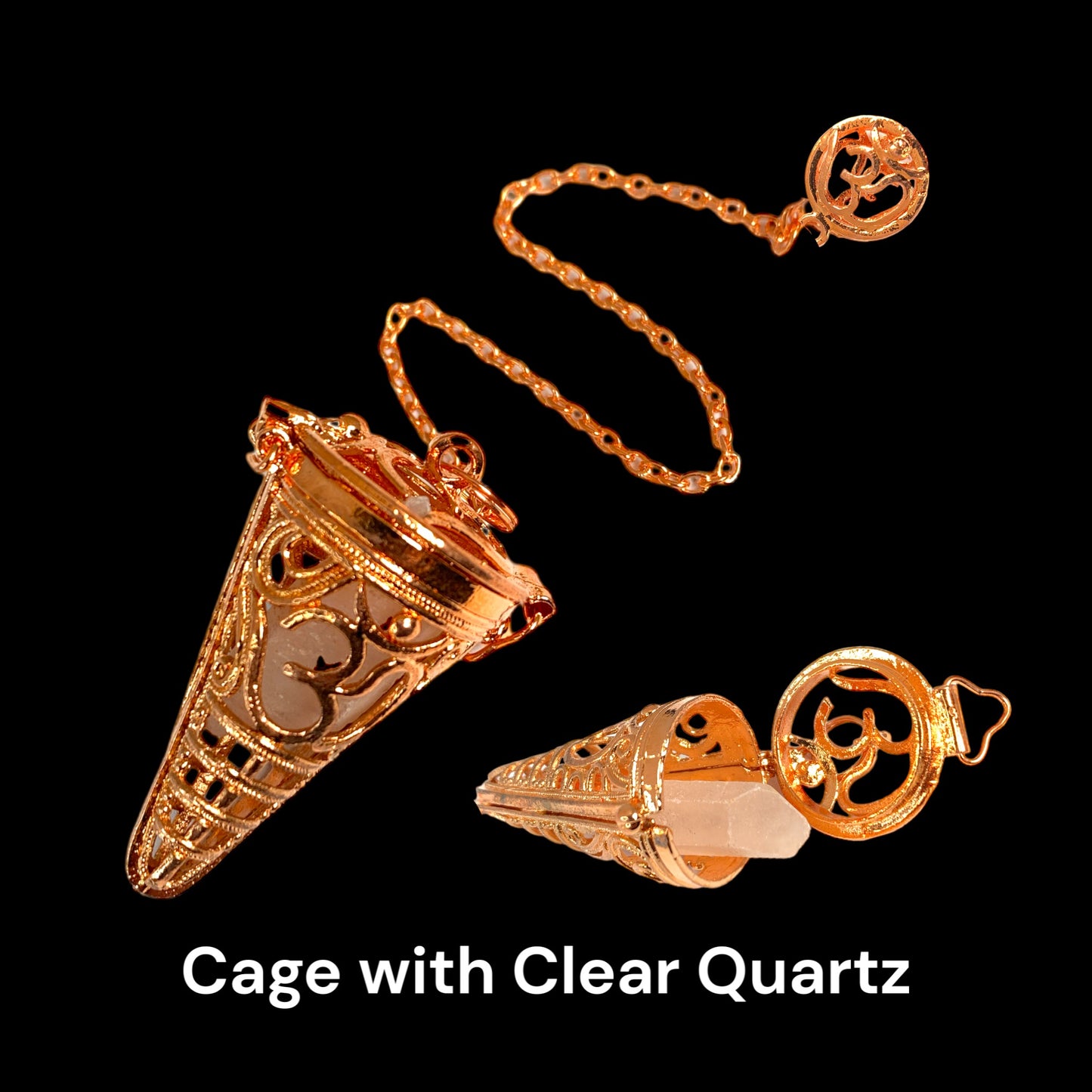 Bronze Om Filigree Cage with Crystal Point Pendulum - 55mm 20g - NEW422