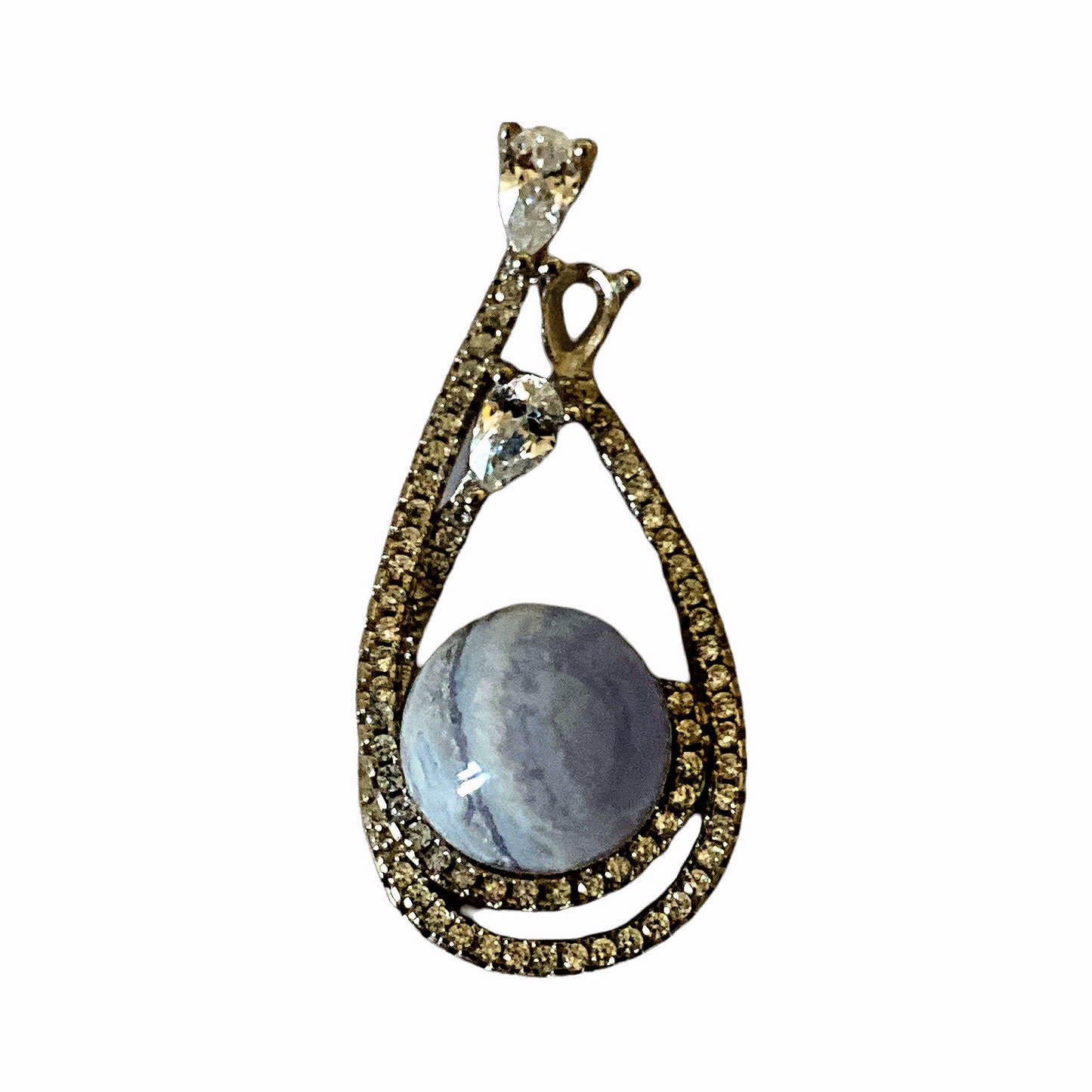 Blue Lace Sphere Tear Pendant with Rhinestones - Silver Color Plated Metal - 30x14mm - China - NEW922