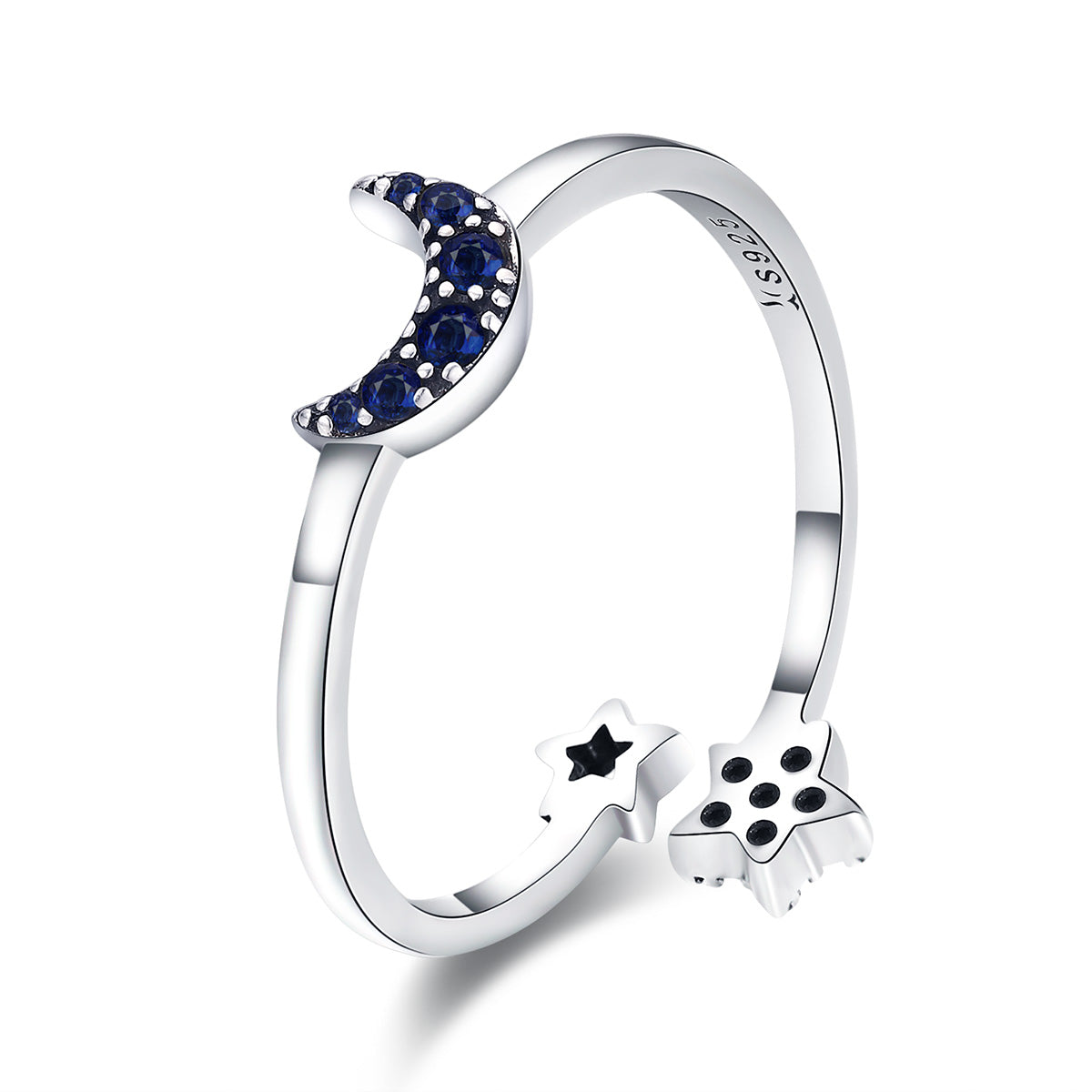 Moon & Stars Adjustable Ring - Sterling Silver 925 - Sparkling Blue Moon & Star Clear CZ - NEW622