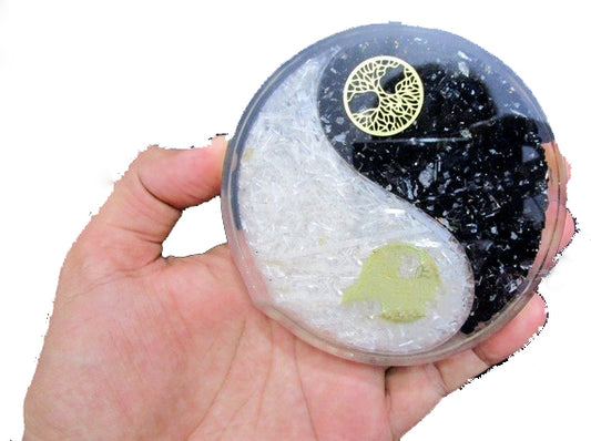 Orgonite Ying Yang Coaster with Black Tourmaline and Selenite - 4 inch - CLEARANCE - Synthetic
