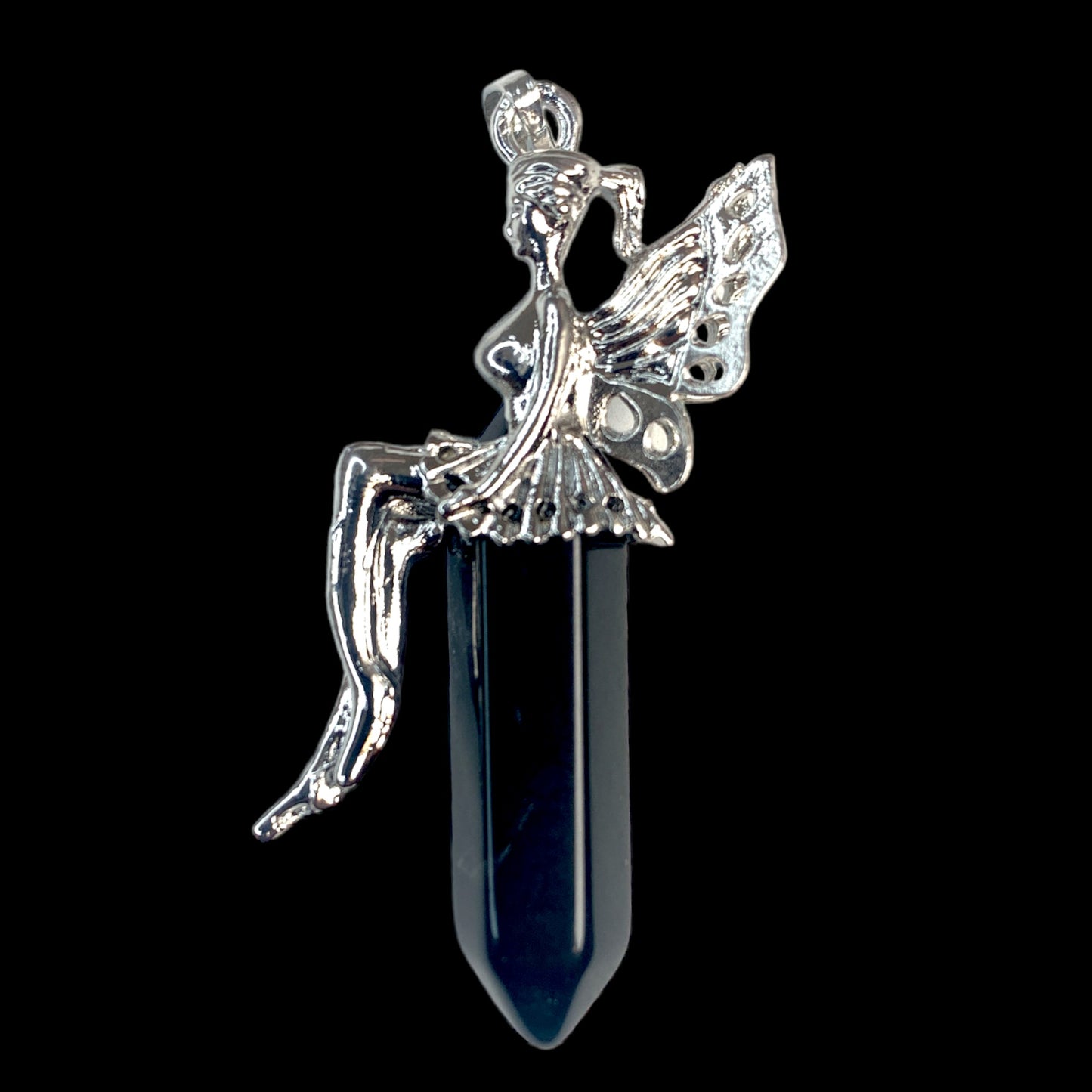 Fairy Design Terminated Pendant - Black Obsidian - Silver Color Plated Metal - 50mm - China - NEW1022