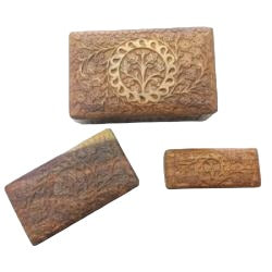Set of 3 Tree of Life Hand Carved Wooden Box - 8 x 6 to 5 x 5.5 inch - NEW423