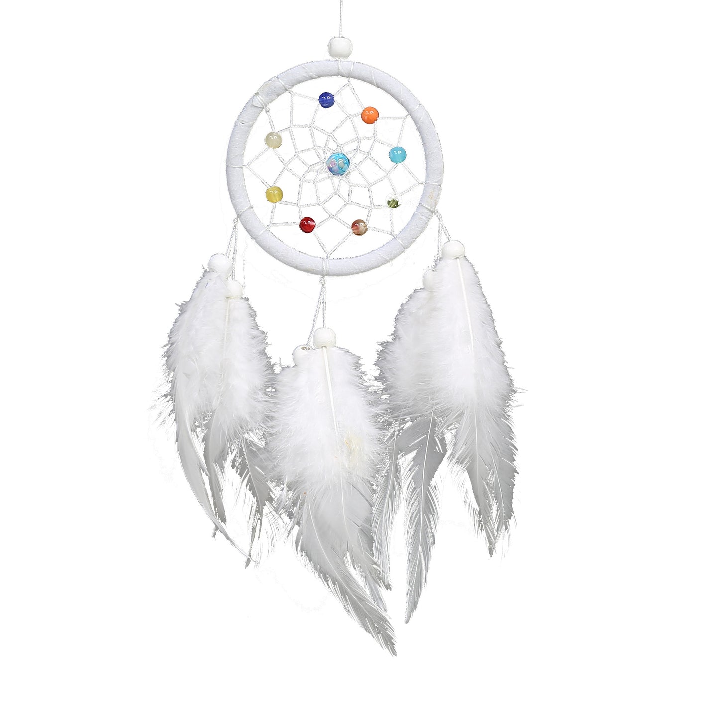 Fashion Dream Catcher Cotton Thread - Feathers - Wood and Synthetic Beads - White - 7.5x30cm - NEW1220