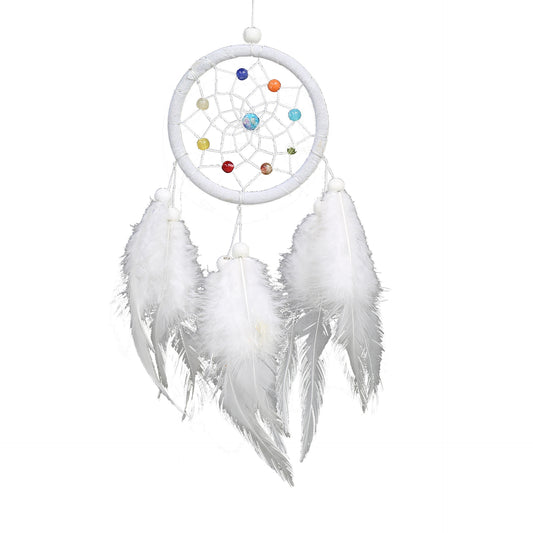 Fashion Dream Catcher Cotton Thread - Feathers - Wood and Synthetic Beads - White - 7.5x30cm - NEW1220