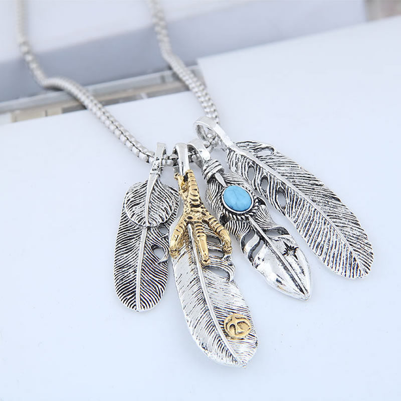 Feather Necklace & Chain Antique Silver Color Plated & box chain - 26.78 Inch Long - Zinc Alloy