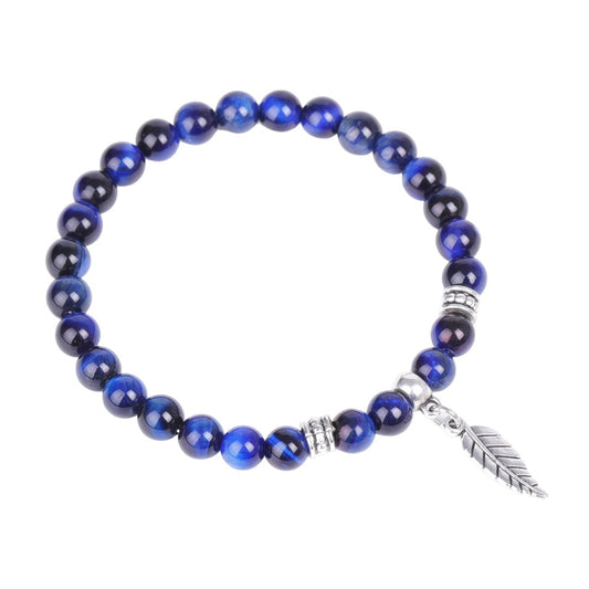 Blue Tiger Eye Bracelet with Feather Charm - 6mm 7.5 Inch - NEW523