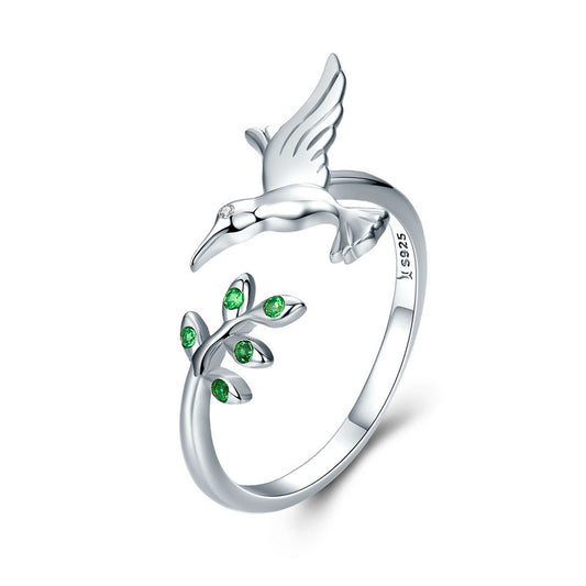 Humming Bird Leaf Ring with Green CZ - Sterling Silver 925 - NEW622