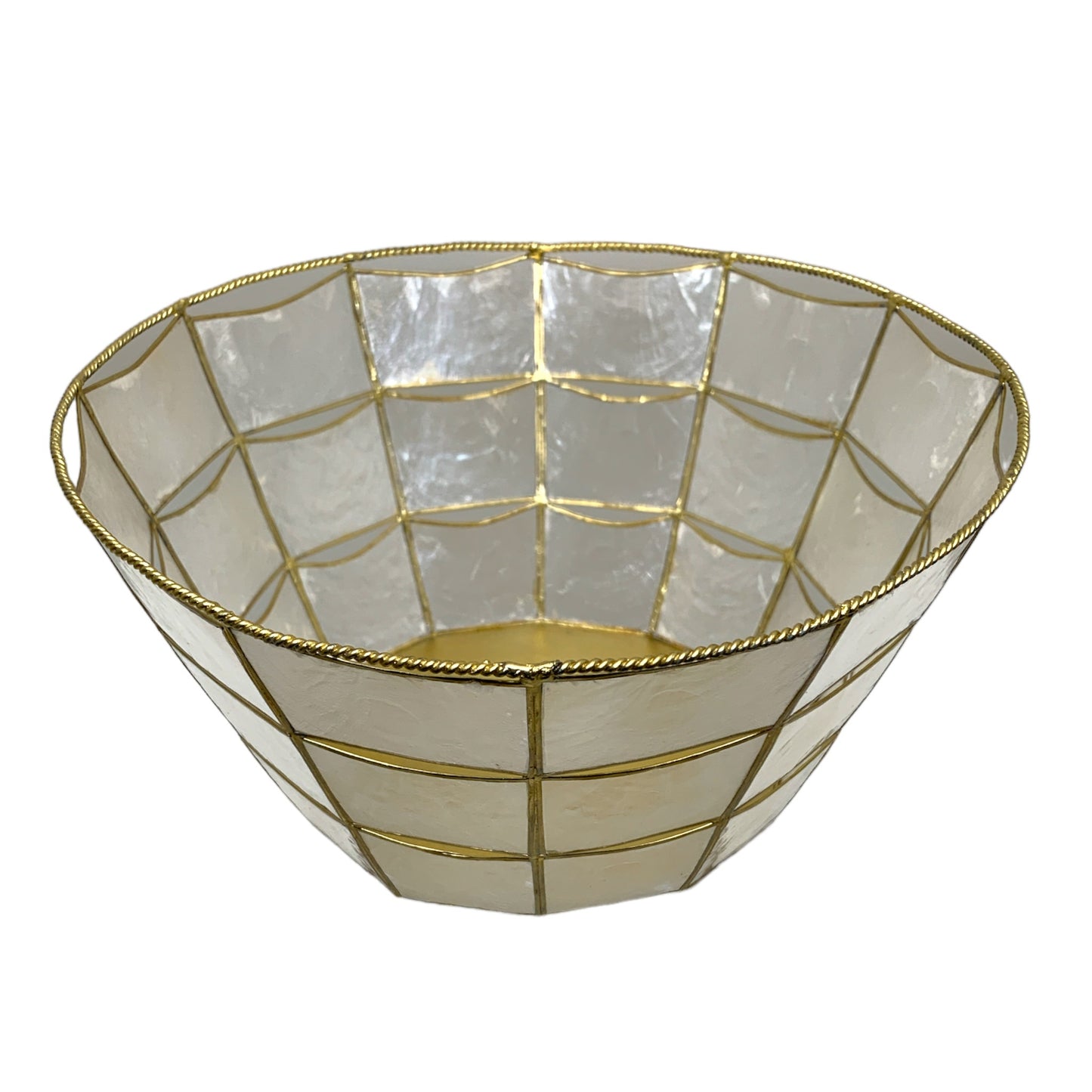 WHITE CAPIZ BASKET W/GOLD - ROUND 10 inch dia