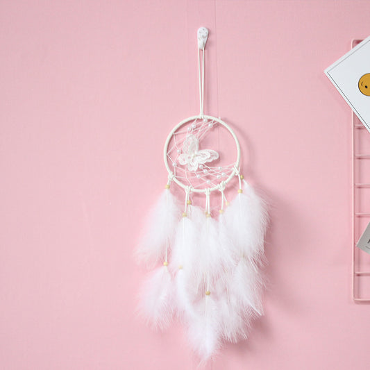 Fashion Dream Catcher with Lace Butterfly - Natural Feathers and  Leather Cords - Metal Hoop - Wood and Synthetic Beads - White - 15x50cm - NEW1220