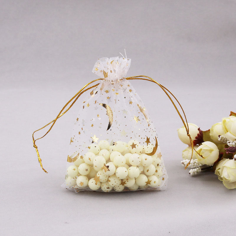 PK/100 White with Gold Star & Moon Print 2.75 x 3.5 inch ORGANZA POUCH BAG - RECTANGLE with Draw String - 7x9cm - NEW922