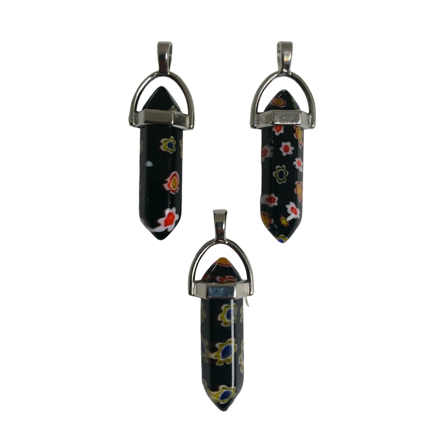 Black Glass Multi Colored Flower Design Pendant - Brass Bail - Platinum Color Plated - NEW922