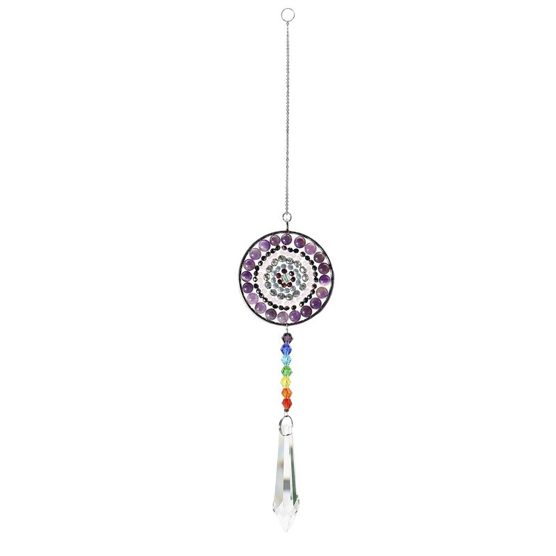 K9 Crystal Hanger Suncatcher with Chakra Beads and Purple Gemstones Clear Glass - 14.9 inch - NEW523