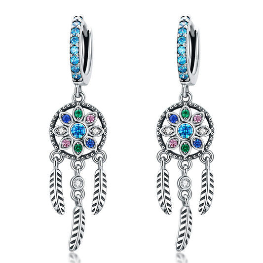 Vintage Dream Catcher Feather Tassel drop Earrings - Sterling Silver 925 - Micro insert CZ - 
 NEW622