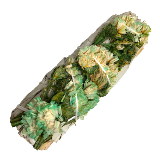 White Buffalo Sage with Sinuata Flowers - Emerald - 4 inch Smudge Sticks - BULK - NEW1021