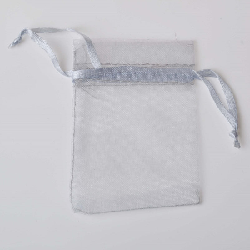 PK/100 SILVER 3.5 x 4.7 inch ORGANZA POUCH BAG - RECTANGLE with Draw String - 9x12cm