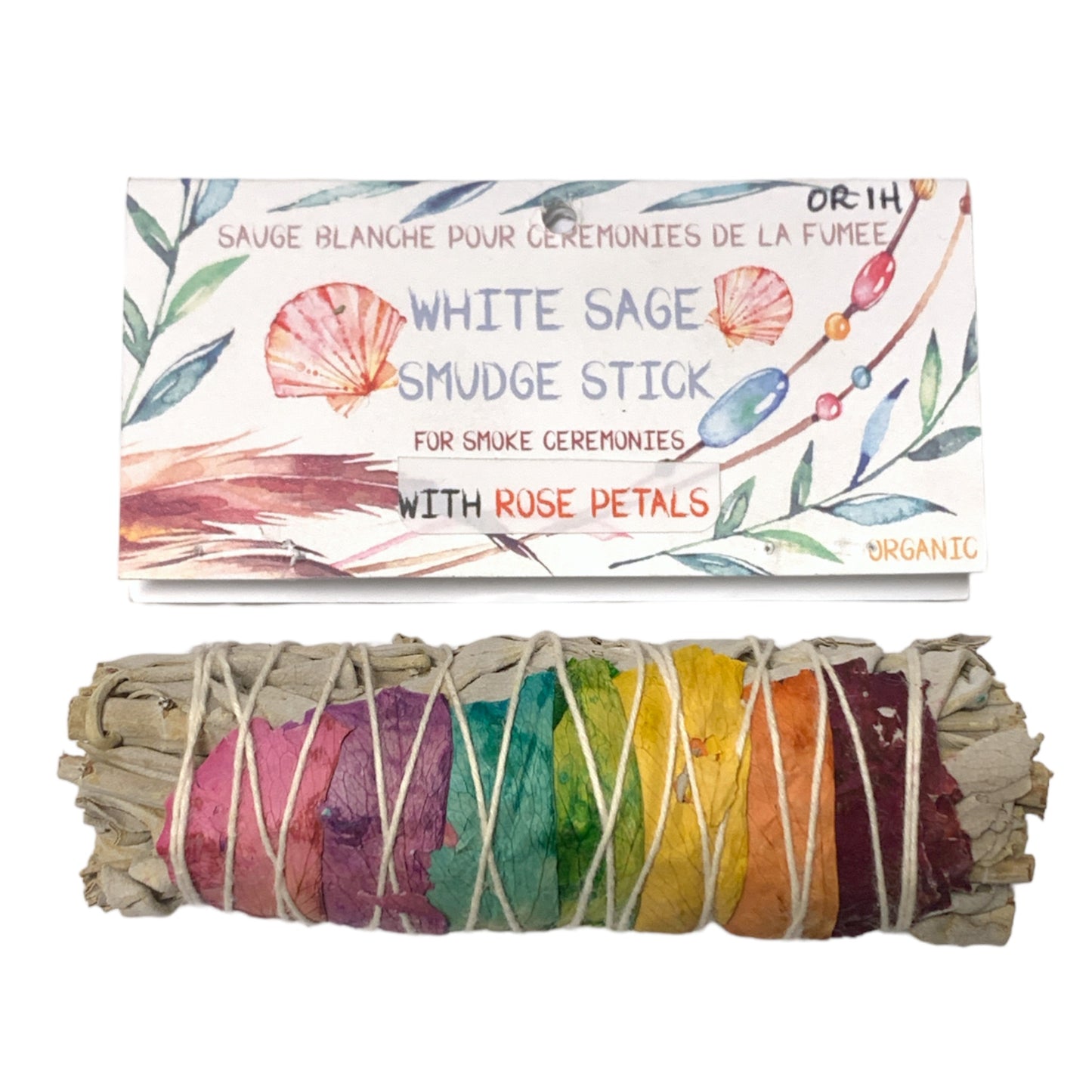 White Sage with Rose Petals - Chakra Colors - 4 inch Smudge Stick with Header