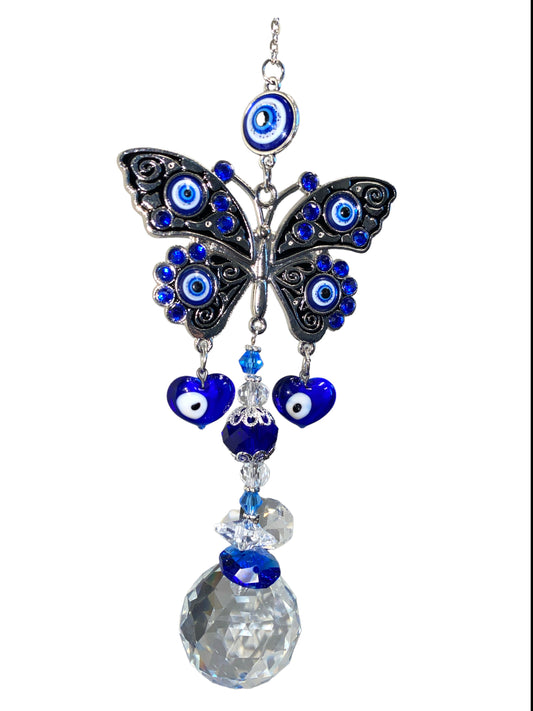 Evil Eye Butterfly Crystal Hanger with K9 Prism Ball - Suncatcher - 13 inch - China - NEW123