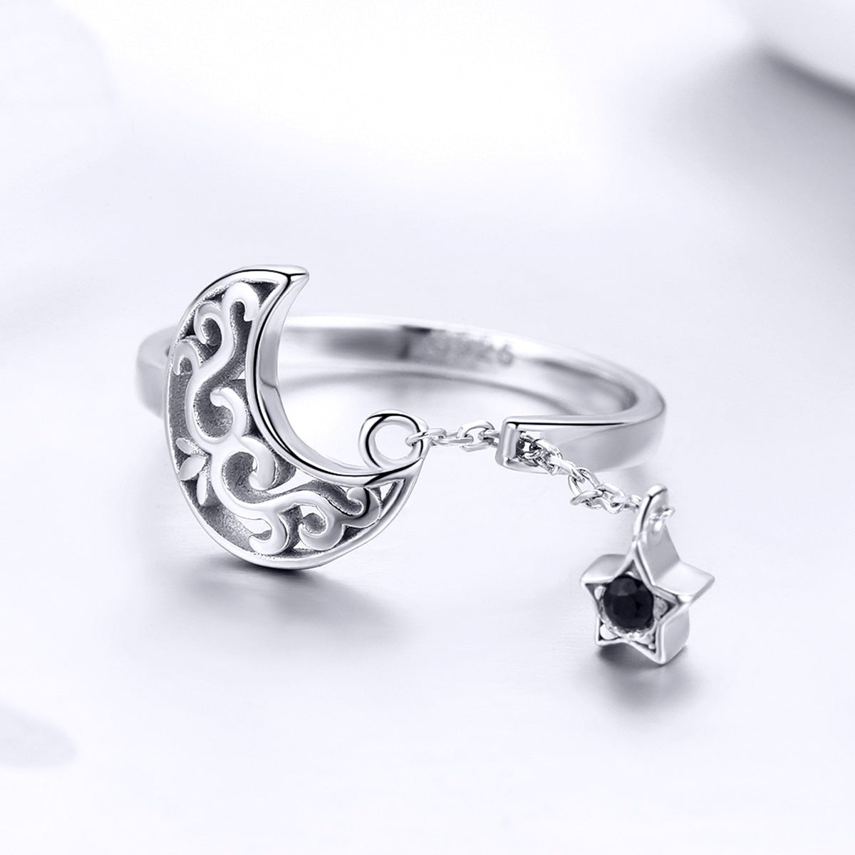 Moon with Star on Long Chain Adjustable Ring - Sterling Silver 925 - Black ZIRCON - NEW622