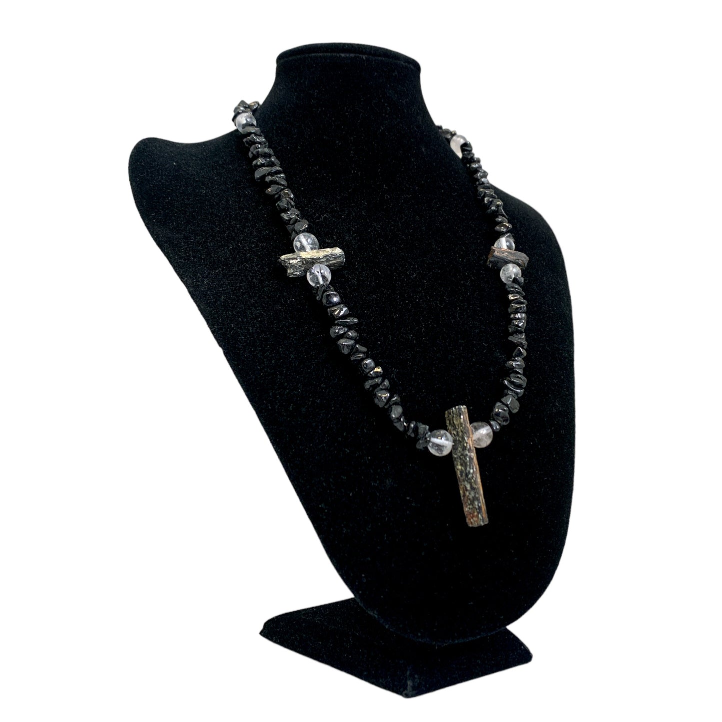 I Am Protected Power Necklace - Black Tourmaline Chips & Raw with Clear Quartz 7mm Beads - NEW1021