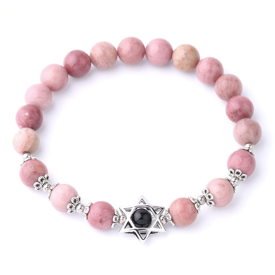 Gemstone Bracelet Pink Wood Grain Natural Stone with Star of David - Beads 13mm,8mm,3mm, Length 6.5 Inch