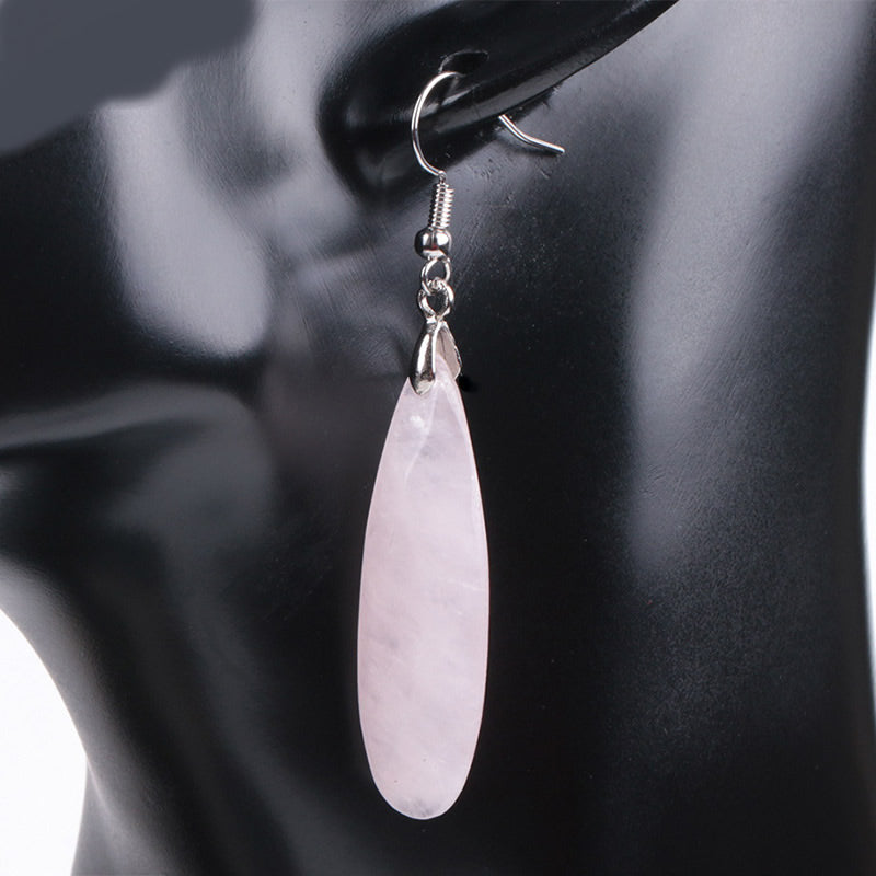 Rose Quartz Gemstone Drop Earrings - Brass silver color plated - Size 62x12x6mm - NEW322