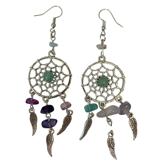 Dream Catcher Earrings with Gem Stones - Assorted - Silver Color Plated Metal - 3 inch - China - NEW123