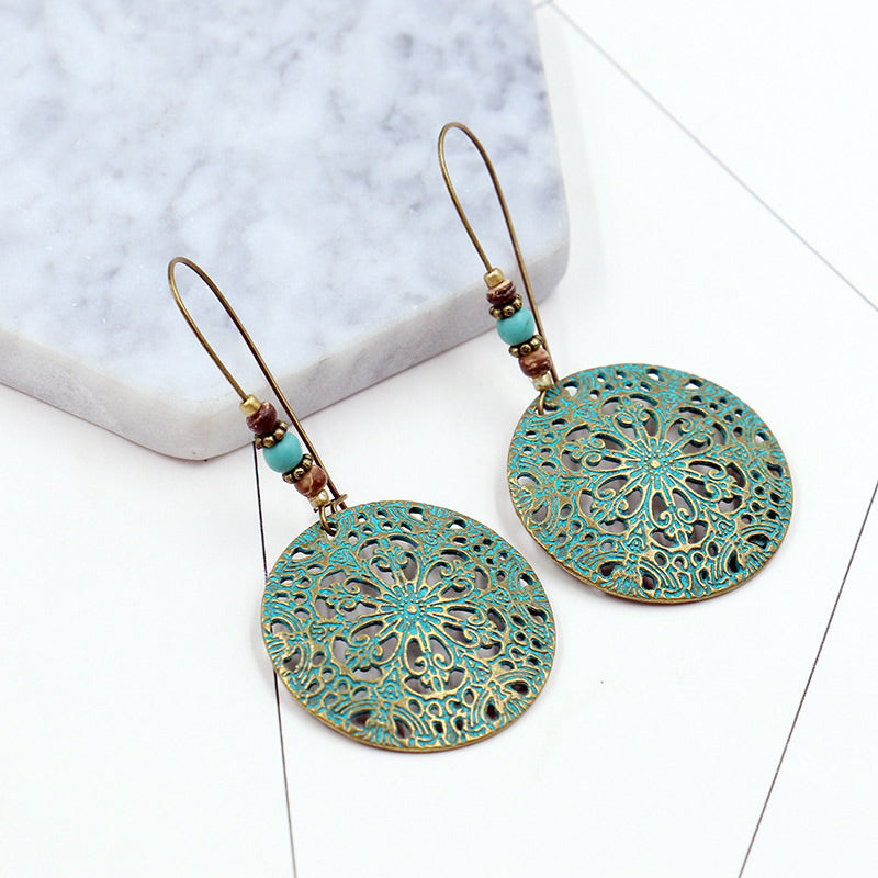 Antiqued Bronze Round Earrings with Synthetic Turquoise & Wood - Hooks Zinc Alloy Lead & Cadmium Free - Size 35x70mm Long