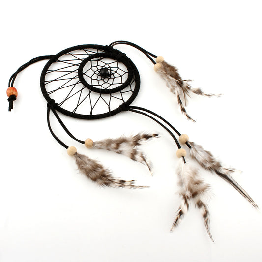 Fashion Dream Catcher with Leather Wrapped Metal Hoops - Natural Feathers - Wood Beads - Black - Neutral - 12 x 36cm