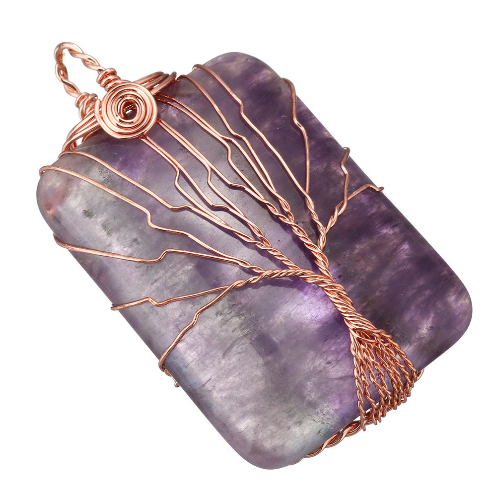Amethyst Brass Tree Pendant - Rectangle - Rose Gold Colour Plated