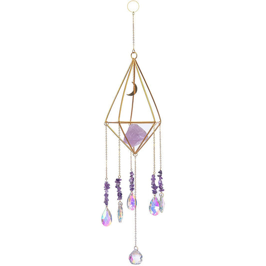 K9 Crystal Hanger Suncatcher Gold Cage with Raw Amethyst Chunks Chips Glass Prisms - 45cm - China - NEW911