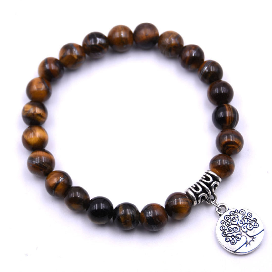 Tiger's Eye Bracelet - Tree Charm - Antique Silver Colour Plated