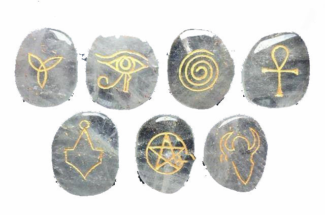 Wiccan Runes Stones Set of 7 - Clear Quartz with Gold - 325 grams - NE ...