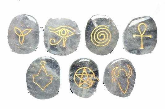 Wiccan Runes Stones Set of 7 - Clear Quartz with Gold - 325 grams - NEW121