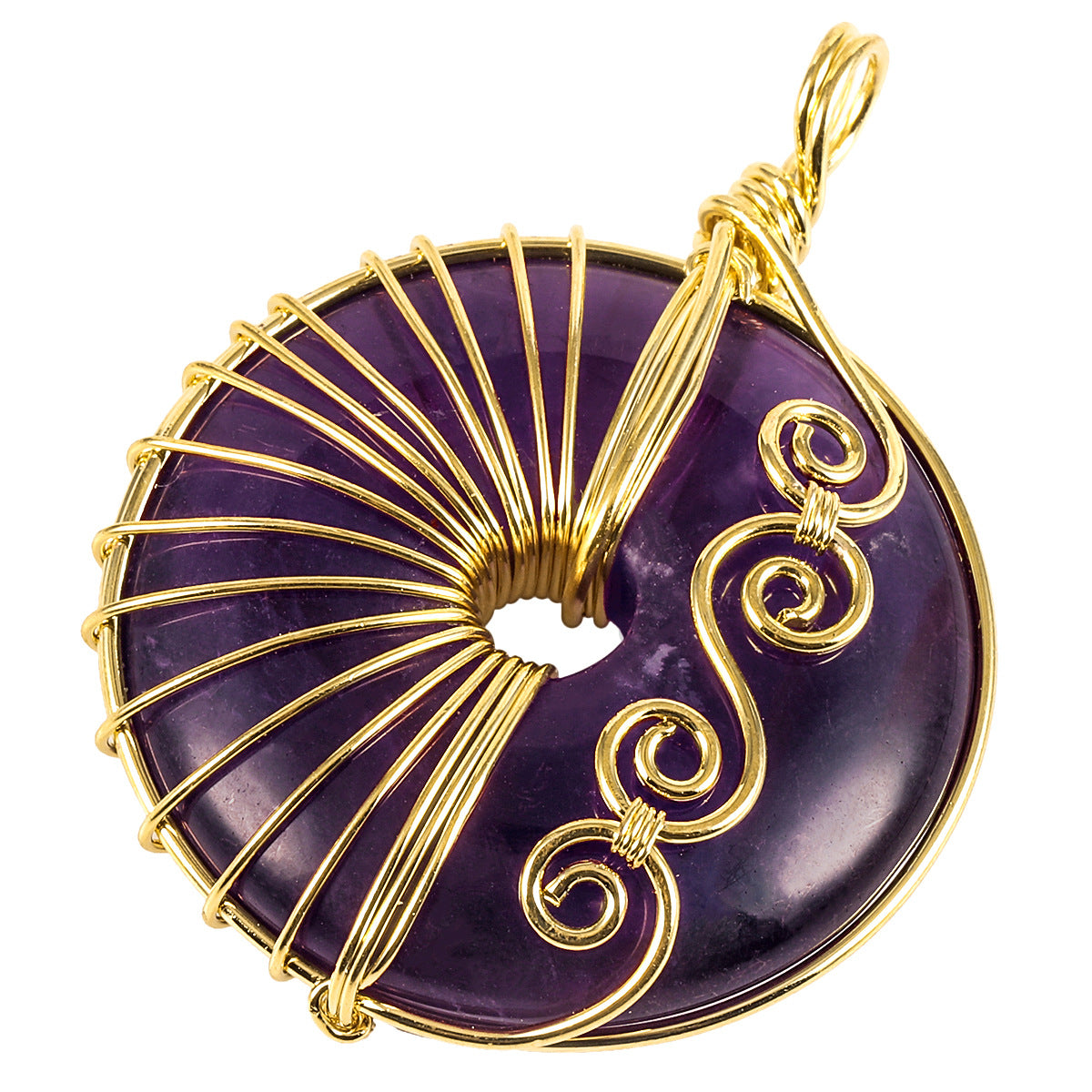 Amethyst Wire Wrapped Doughnut Gemstone Pendant - Brass Golden Color Plated - 45x32x8mm - China - NEW1122