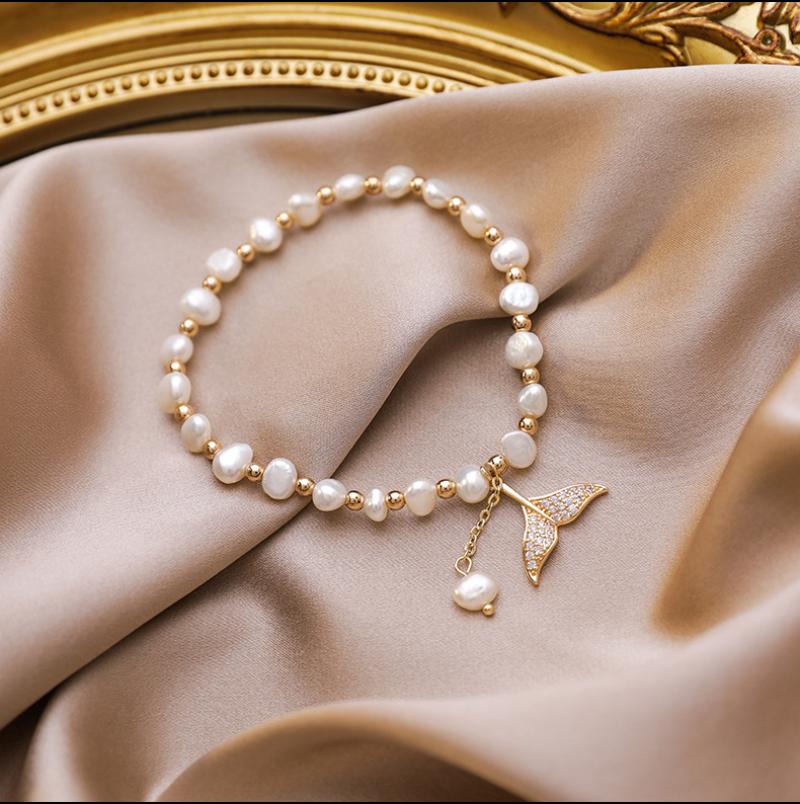Cultured Freshwater Pearl Bracelet with Mermaid or Whales Tail Gold color Charm