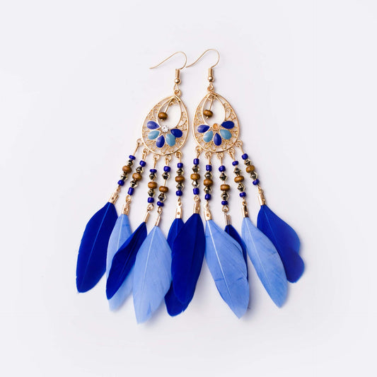 Bohemian Feather & Seedbead Earrings - Peacock Blue - Zinc Alloy with gold color plated enamel Size:23x140mm