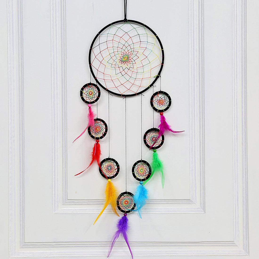 Fashion Dream Catcher 
 with 8 Hoops - Dyed Cotton Thread and Feathers - Wood Beads - Chakra - Multi-coloured - 70cm Long - NEW922