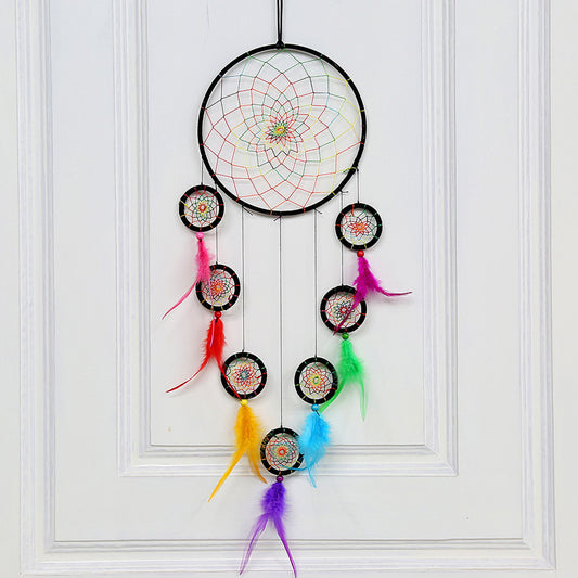 Fashion Dream Catcher 
 with 8 Hoops - Dyed Cotton Thread and Feathers - Wood Beads - Chakra - Multi-coloured - 70cm Long - NEW922