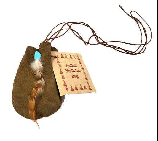 Medicine Dream Bag - Brown - 10 Pack - 3x2 with a 18 inch cord - Soft leather Decorated  with a feather and stone - NEW1021