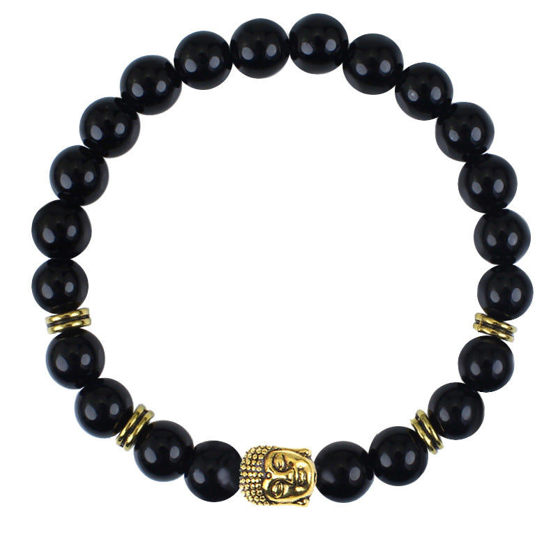 Black Agate 8mm Bead Bracelet with Buddha Head Gold Color - Buddhist Mala Jewelry - Length Approx 7 Inch - China - NEW423