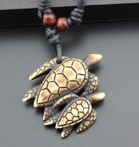 Coffee Color Turtle Resin Necklace, with Waxed Cotton Cord & Wood, Turtle, imitation ox bone, 38x45mm, Length: Approx 17.5 Inch, Sold By Strand