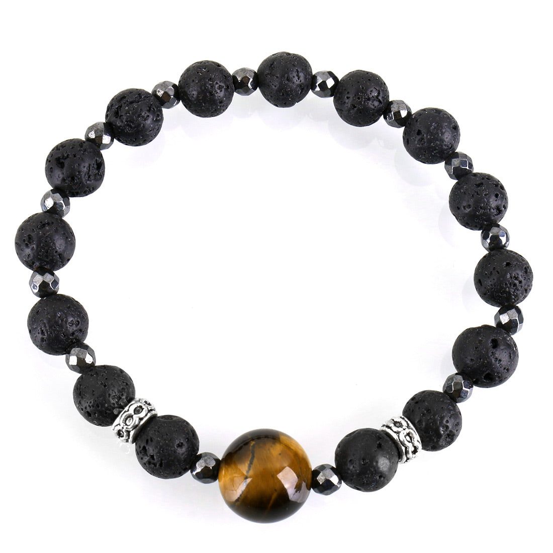 Lava Stone 8mm and 12mm Tiger's Eye Bracelet - Antique Silver Colour Plated Spacers